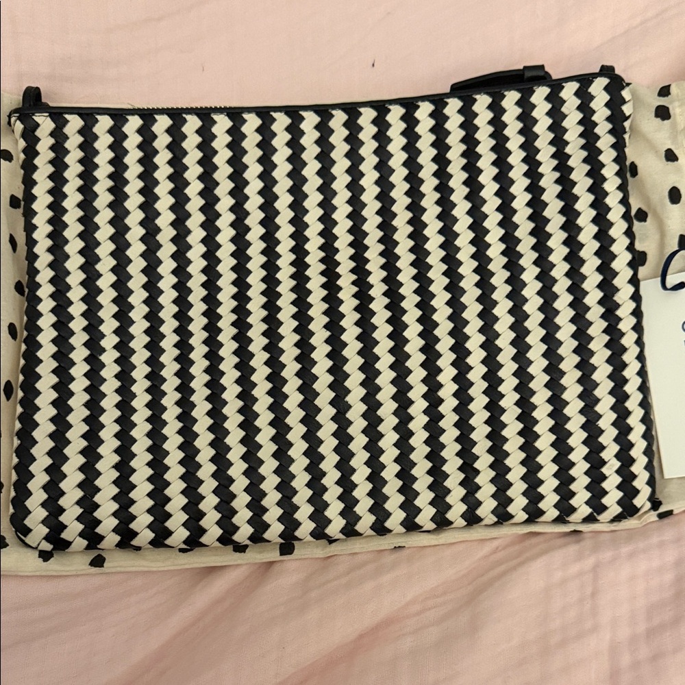 Clare V Black and White Woven pouch with tabs, strap can be attached